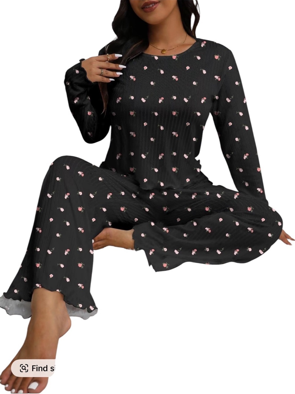 Women’s Black Floral Long-Sleeve Pajama Set - Comfortable Sleepwear